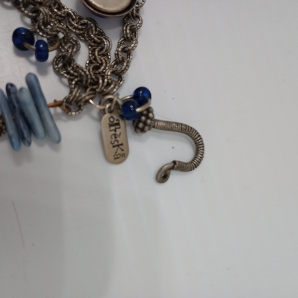 Treska Multi Strand Blue Glass Charm Necklace Silver Tone Signed - Picture 7 of 9
